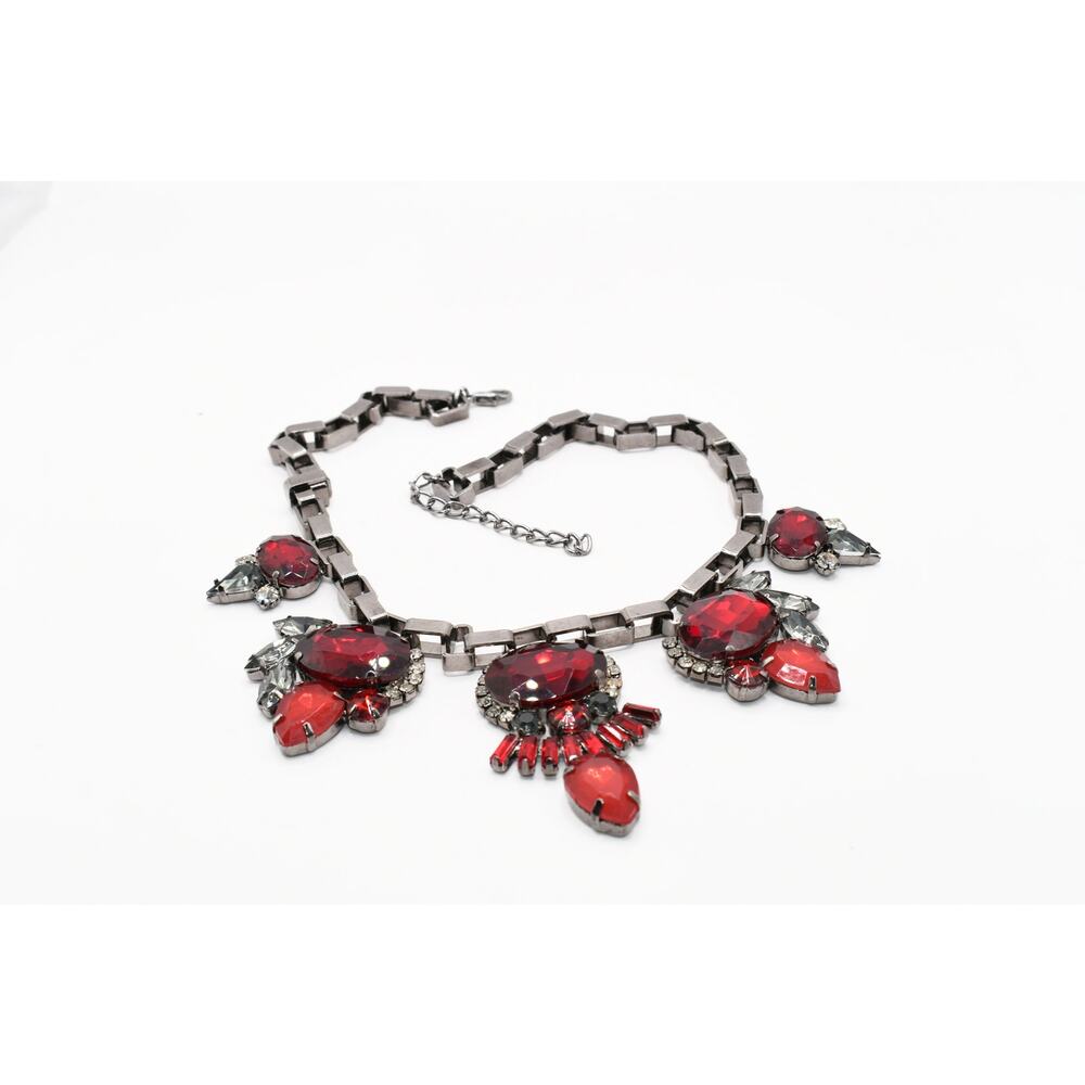 Red Rhinestone Statement Necklace Gunmetal Gray Box Chain 19 Inch - Picture 4 of 11
